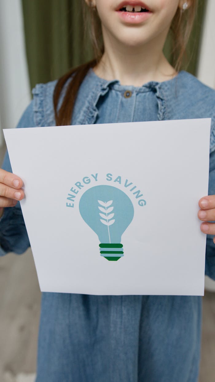 A young girl holds a sign encouraging energy saving efforts indoors.